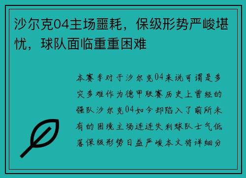 沙尔克04主场噩耗，保级形势严峻堪忧，球队面临重重困难